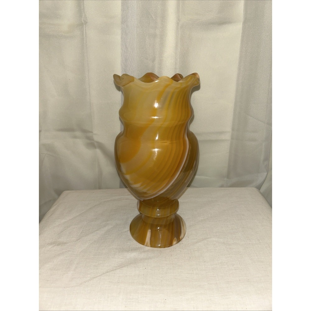 Vintage Honey Onyx Stone Vase 9.5" Ruffle Rim Pedestal Carved Pakistan Decor